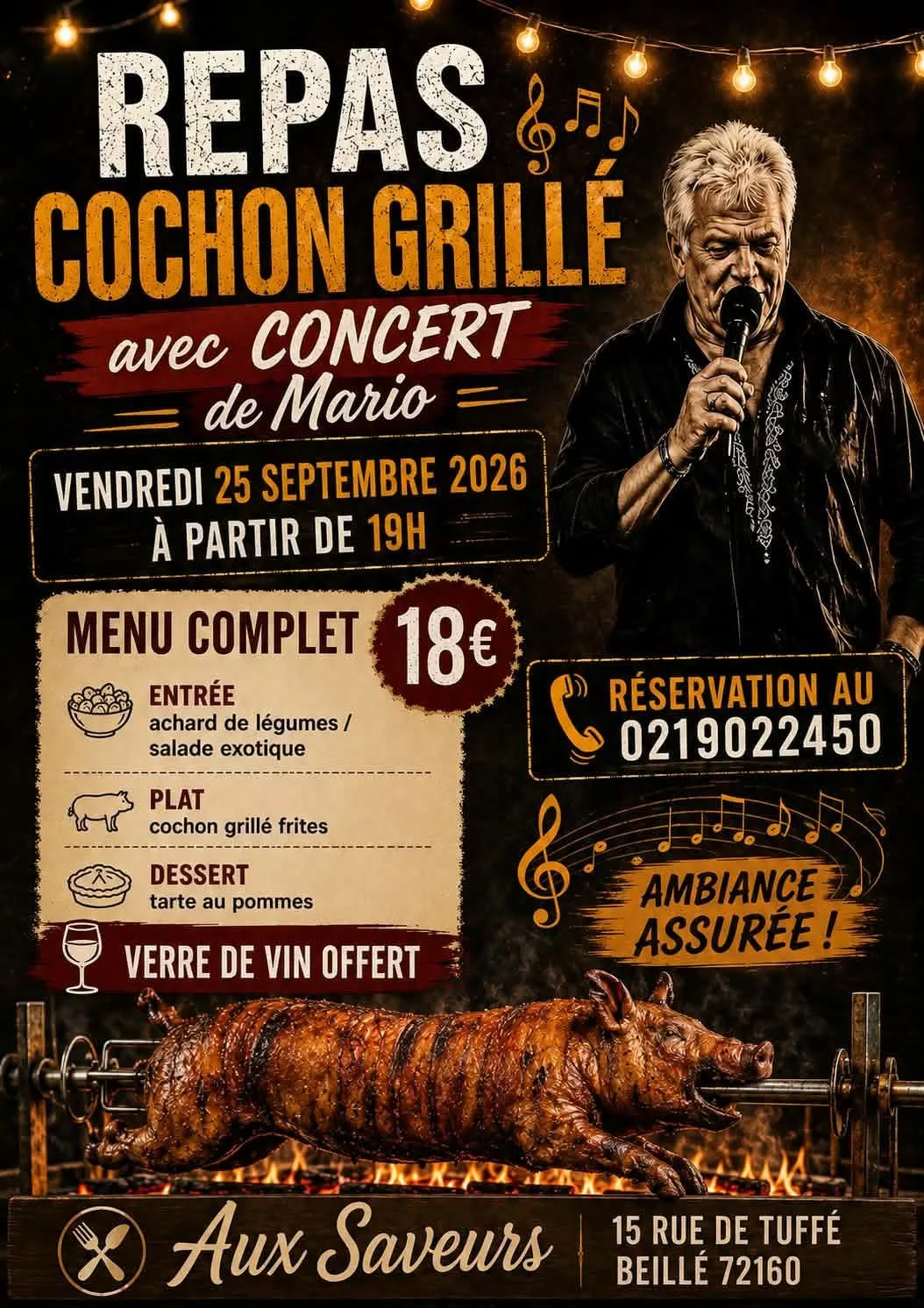 Repas cochon grillé avec concert de Mario